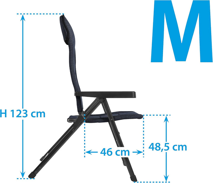 BRUNNER Rebel PRO (S-M-L) Scaun pliabil pentru camping, grădină, terasă Fabricat din aluminiu, reglabil în 5 poziții, cu capacitate de încărcare de până la 150 kg, spătar înalt, negru sau albastru