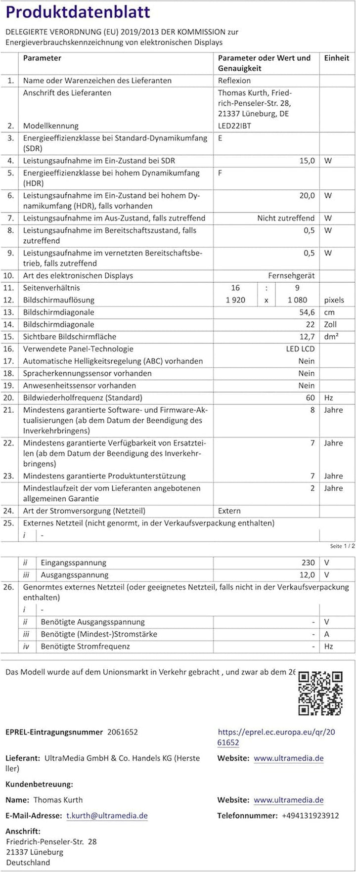 REFLEXION LED22IBT Smart LED Fernseher, LG Weboshub, 55 Cm / 22 Zoll, Wohnwagen/Wohnmobil/Camping/Caravan/Boot/Lkw TV, 12/230 Volt, Full HD, Triple Tuner, DVB-T2HD, DVB-S2, DVB-C, Bluetooth, WLAN