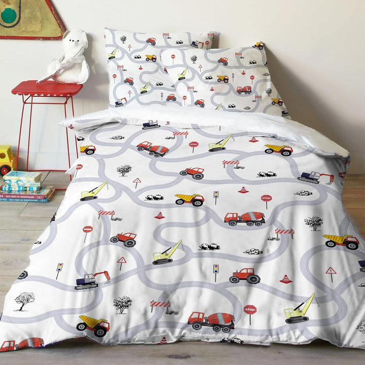 Autos Kinderbettwäsche 135X200 Jungen Traktor Mikrofaser Bettwäsche Mit Verkehrsschildern Und Straßen Für Jungen Teenager Bagger Bettwäsche 135X200Cm Mit Reißverschluss+1Kopfkissenbezug 80X80Cm