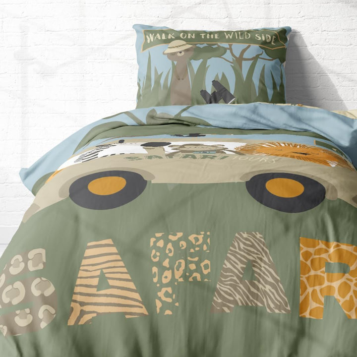 Kinder Bettwäsche Set Grün 135X200 80X80 Cm · Safari Tiere, Erdmännchen, Löwe, Zebra · 100% Baumwolle Mit YKK Reißverschluss · Sanft, Weich Für Mädchen