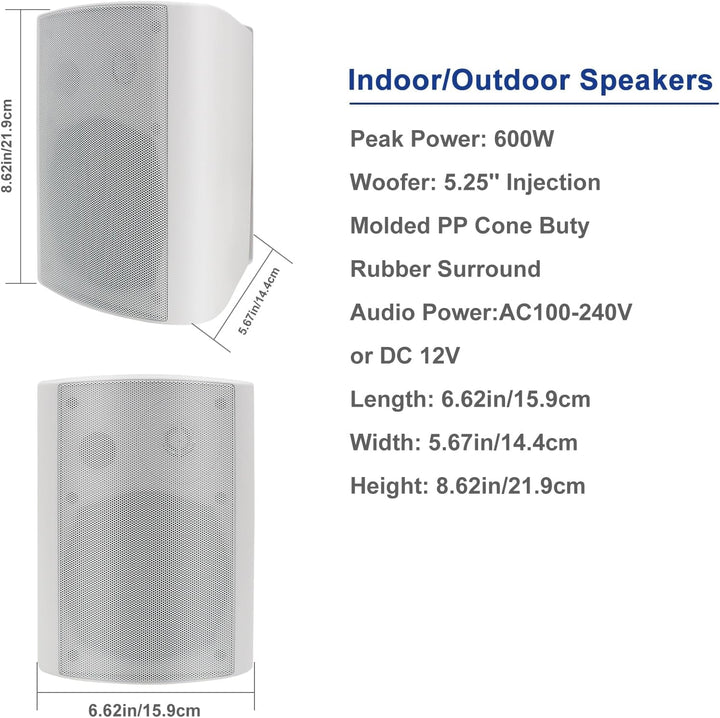 STUDIOFINIX 5,25 Zoll 600 Watt Außenlautsprecher Outdoor-Lautsprecher Für Outdoor Indoor Wandhalterung Patio Deck Camper Garten, Terrasse, Restaurant Home, 2 Paar (Weiß)