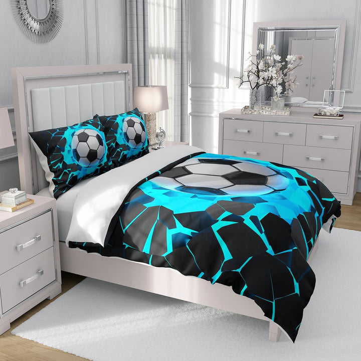 Fußball Kinderbettwäsche 135X200,3D Fußball-Motiv Jungen Teenager Sport Bettbezug-Set,Blau,Grün Weicher Bequemer Bettbezug Für Erwachsene Und Kinder (Blau, 135 X 200 Cm)