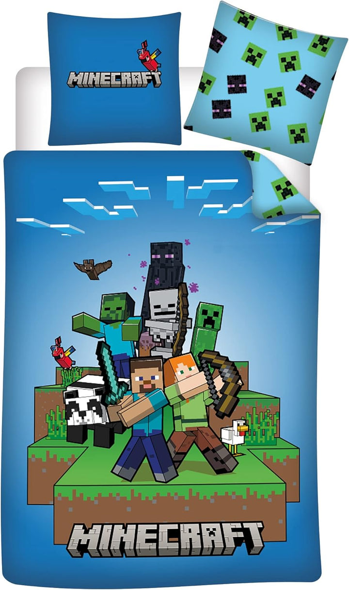Minecraft Ready to Survive 100% Kinderbettwäsche-Set 135X200 Cm Einzelbettgröße - Bettbezug + Kissenbezug 80X80 Cm, Microfaser