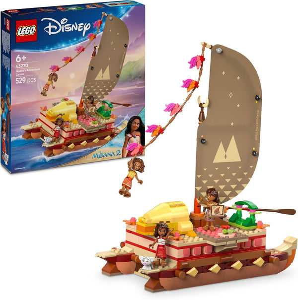 LEGO Ç€ Disney Vaiana 2: Pluta de aventură a Vaianei - Barcă de jucărie cu vele, punte detașabilă, foc de tabără și 3 mini păpuși, inclusiv Loto și Moni - Cadou pentru fete 6+ și fani - 43270
