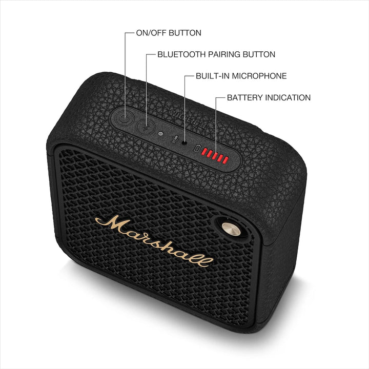 Marshall Willen II Difuzor Bluetooth, fără fir, peste 17+ ore de redare, IP67 rezistent la apă - negru și alamă