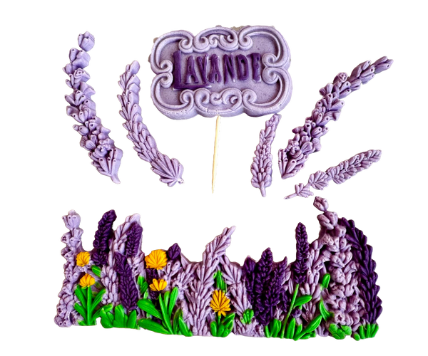 Set mit 7 essbaren Dekorationen aus Zuckerpaste, Lavendel