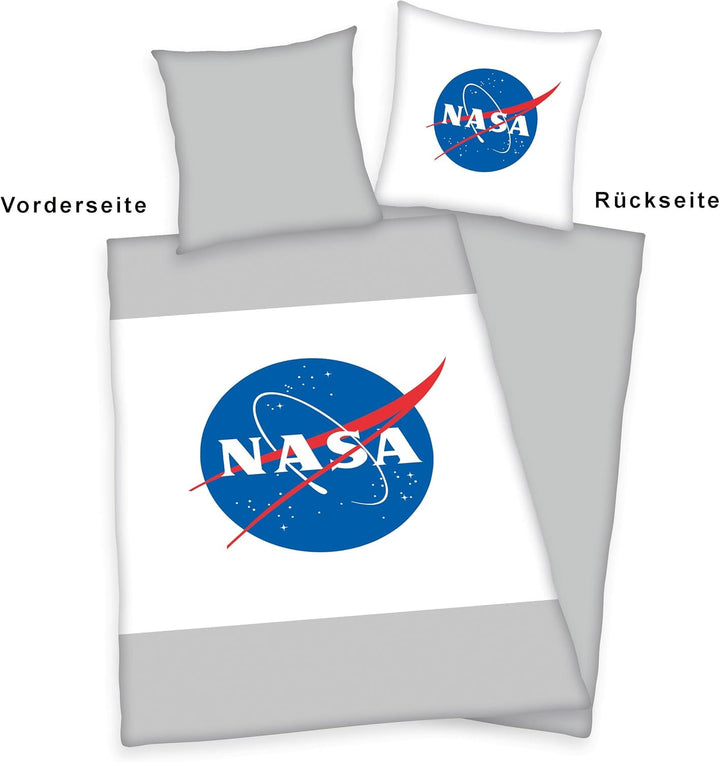 Herding NASA Bettwäsche-Set, Kopfkissenbezug 70 X 90 Cm, Bettbezug 140 X 200 Cm, Mit Leichtläufigem Reißverschluss, 100% Baumwolle/Renforcé, Grau/Weiß