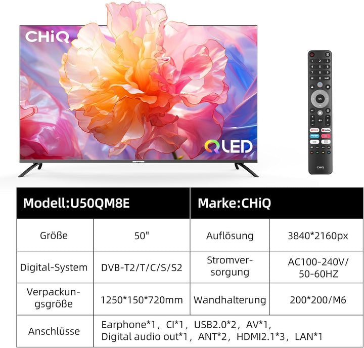 CHIQ 50 Zoll UHD 4K Smart TV, QLED HDR10, Google Assistant, Chromecast Built-In, Netflix, Wifi, Dolby Audio, Bluetooth 5.0