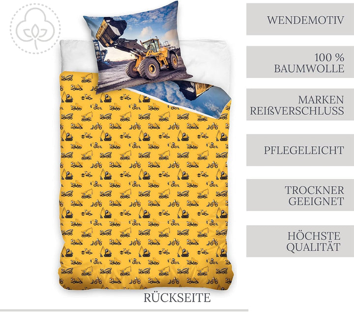 Bagger Bettwäsche Bettbezug 135X200 80X80 Baumwolle · Kinder-Bettwäsche Baustelle Für Mädchen Und Jungen · 2 Teilig · 1 Kissenbezug 80X80 + 1 Bettbezug 135X200 Cm Jungenbettwäsche