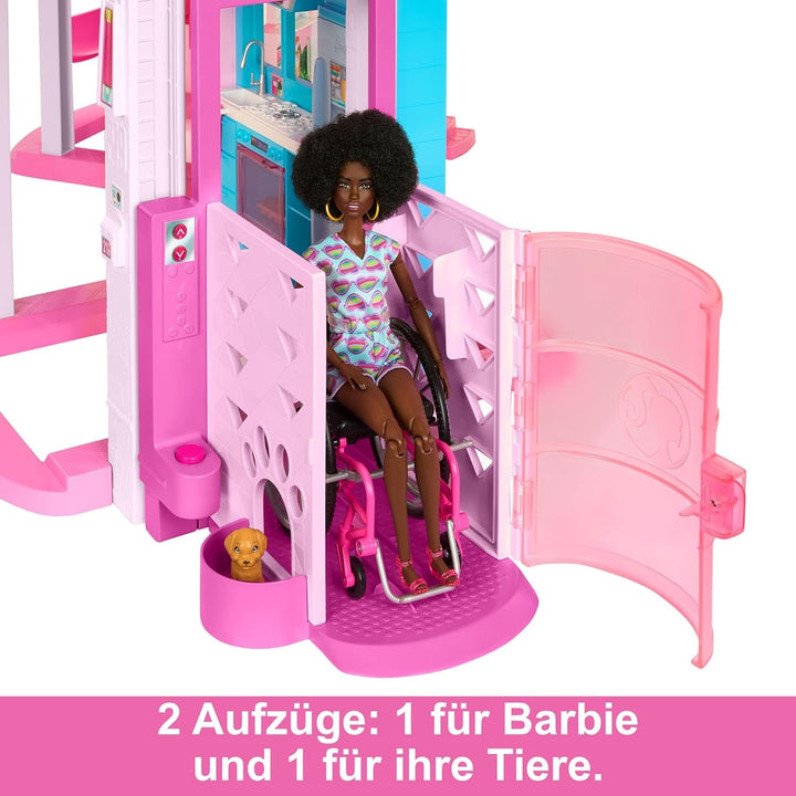 Barbie Dream Villa, casă Barbie cu 3 etaje cu 10 zone de joacă, inclusiv piscină, tobogan, lift, 75 de accesorii pentru păpuși, cățeluș de jucărie, jucărie pentru copii cu vârsta de peste 3 ani, HMX10
