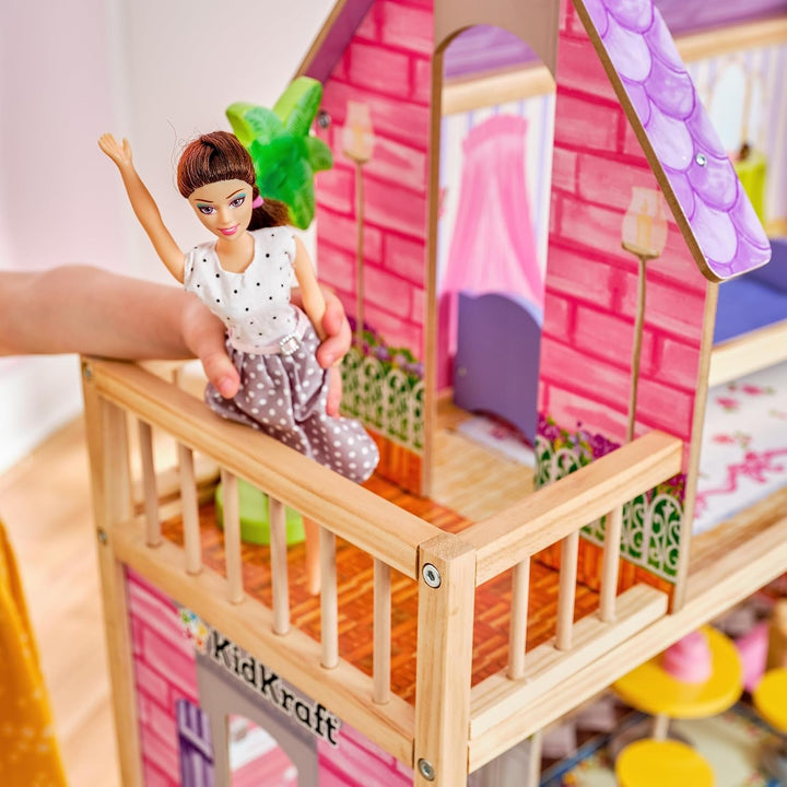 Casa de păpuși din lemn Kidkraft Kayla cu mobilier și accesorii, set de joacă cu 3 niveluri de joc pentru păpuși de 30 cm, jucărie pentru copii de la 3 ani, 65092 - Exclusiv pe Amazon