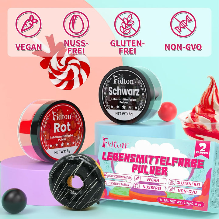 Lebensmittelfarbe Pulver - 2 Farben Ultrahochkonzentrierte Wasserlösliches Lebensmittelfarben, Food Coloring Für Fondant, Lebensmittel Farben, Makronen, Backen, Lebensmittelfarbe Rot Und Schwarz - 5 G
