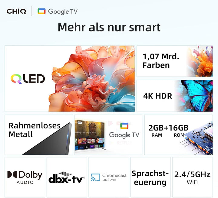CHIQ 50 Zoll UHD 4K Smart TV, QLED HDR10, Google Assistant, Chromecast Built-In, Netflix, Wifi, Dolby Audio, Bluetooth 5.0