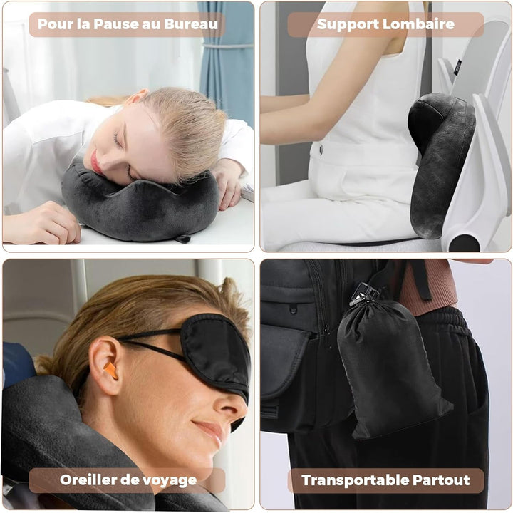 Pernă de călătorie gonflabilă, pernă de călătorie cu mască de somn + dopuri pentru urechi + sac de transport, super ușor și portabil, ideal pentru avion, mașină, casă, birou, negru