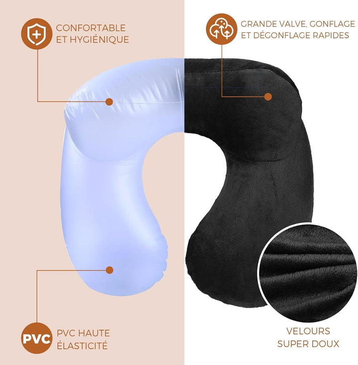 Pernă de călătorie gonflabilă, pernă de călătorie cu mască de somn + dopuri pentru urechi + sac de transport, super ușor și portabil, ideal pentru avion, mașină, casă, birou, negru