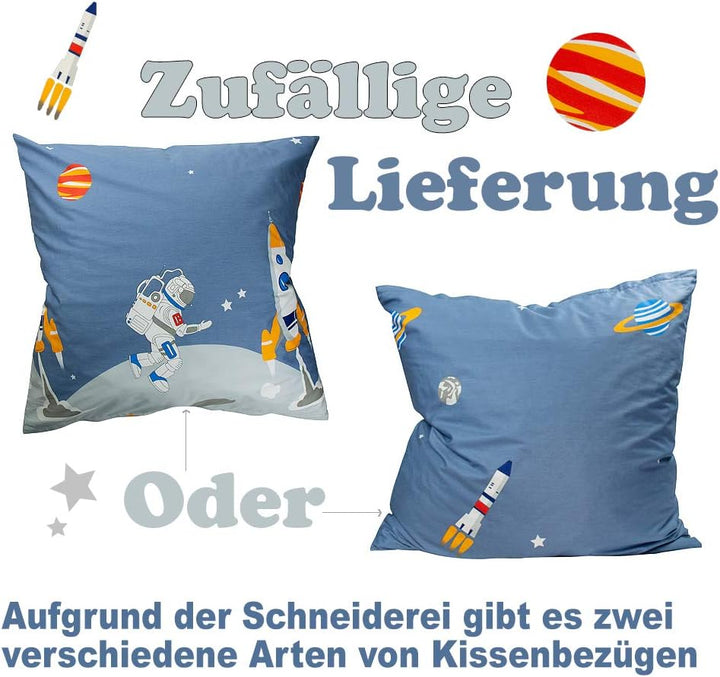 Kinderbettwäsche 135X200 Bettwäsche Für Kinder Jungen Mit Astronaut Und Rakete Muster 100% Baumwolle 80X80Cm Kissenbezug Mit Reißverschluss 2 Teilig Blau