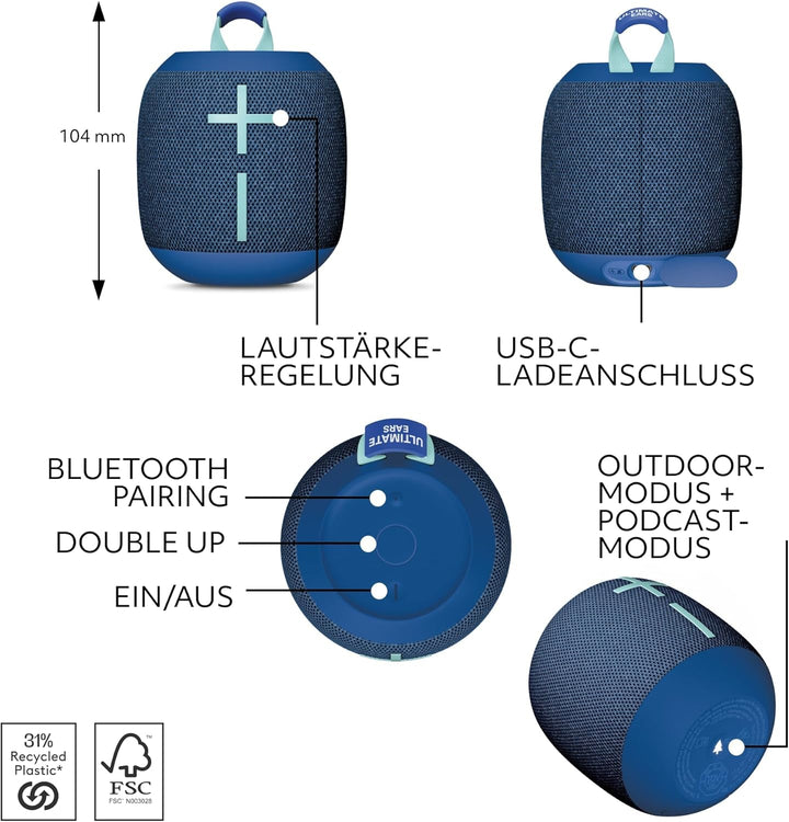 Ultimate Ears Wonderboom 4 - Difuzor Bluetooth portabil, rezistent la apă, cu sunet bogat și profund la 360 de grade, rezistent la praf, difuzor plutitor cu o rază de acțiune de 40 m - albastru