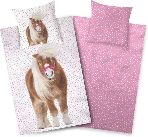 Aminata Kids Bettwäsche Mädchen 135X200 Pferd - Kinder-Bettwäsche Mit Pferde-Motiv Islandpony - Weiß Rosa - Reißverschluss Baumwolle Pony
