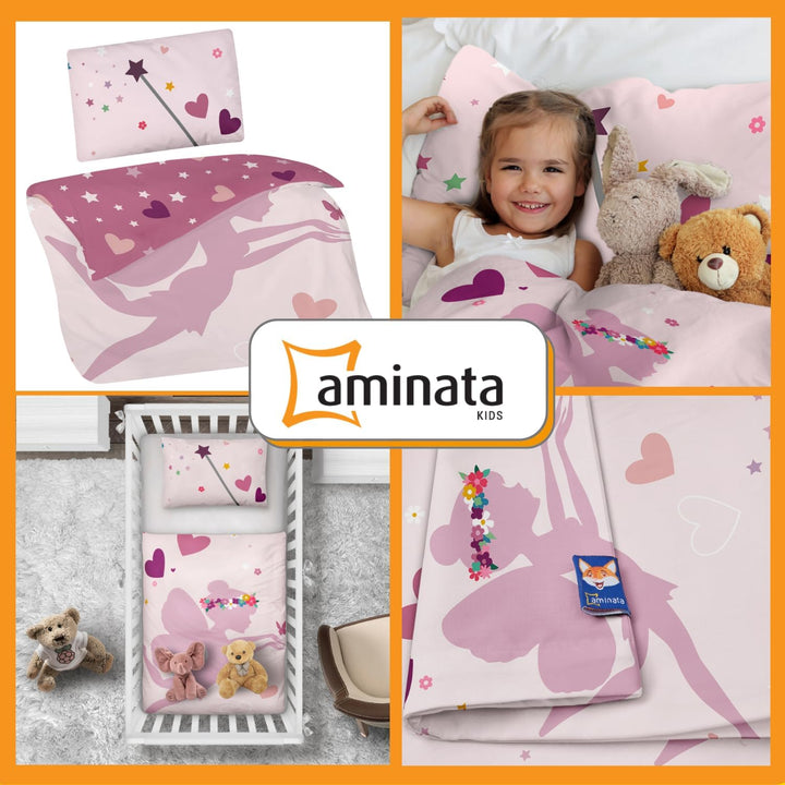 Aminata Kids Bettwäsche Feen Elfen 100X135 Cm Fee-Motiv Mädchen Baumwolle Fee Wende-Kinder-Bettwäsche-Set Prinzessin Herz-En YKK Reißverschluss Rosa - Kinderbettwäsche Fairy Einhorn Pferd