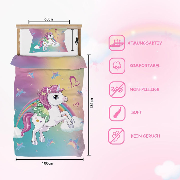 DJDEA Kinderbettwäsche 100X135 Cm Weich Mikrofaser 2-Teiliges Bettwäsche Mädchen Atmungsaktiv Bedrucktes Bettwäsche Einhorn Mit Kissenbezug 40X60Cm