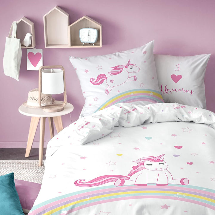 Einhorn Kinder Bettwäsche Set 2Tlg. 135X200 + 80X80 Cm, Biber, Flanell, Kuschelig Weich, Reißverschluss, Unicorn Regenbogen