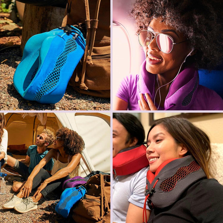 Pernă pentru gât Cabeau pentru călătorii cu zboruri lungi - Evolution Cool - Spumă de memorie de susținere cu deschideri de ventilație - Compact cu geantă de transport (Violet)