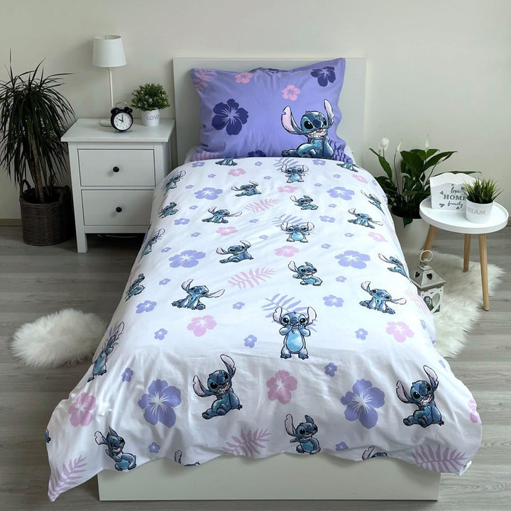 Kinder Bettwäsche Wendebettwäsche Lilo Und Stitch Mit Blumen Lila, Bettdeckenbezug 140X200 Cm, Kopflkissenbezug 70X90 Cm, 100% Baumwolle
