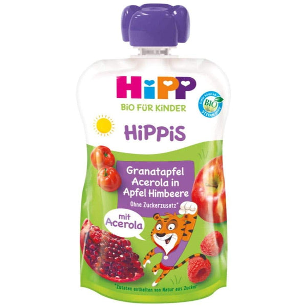 Hipp Super-Hippis Quetschbeutel, Granatapfel-Acerola in Apfel-Himbeere, 100% Bio-Früchte Ohne Zuckerzusatz, 6 X 100 G Beutel
