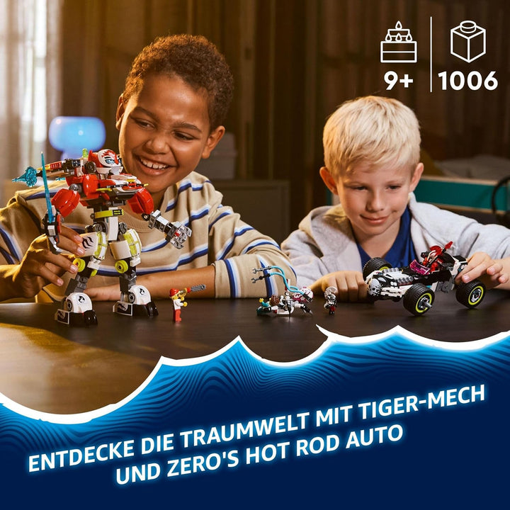 LEGO Dreamzzz Cooper's Tiger Mech și Zero'S Hot Rod Car, mașină de jucărie pentru copii, cadou pentru băieți și fete de la 9 ani, set de joacă 2 în 1 cu Mech și minifigurine 71497