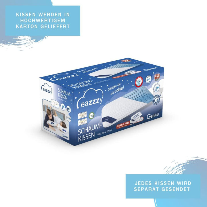Genius Eazzzy pernă din spumă 40X80 Cm înălțime 10Cm - Pernă de susținere a gâtului cu 2 grade de duritate + spumă de gel de răcire - Pernă de dormit pentru cei care dorm lateral, pe spate și pe stomac împotriva durerilor de gât, poliester