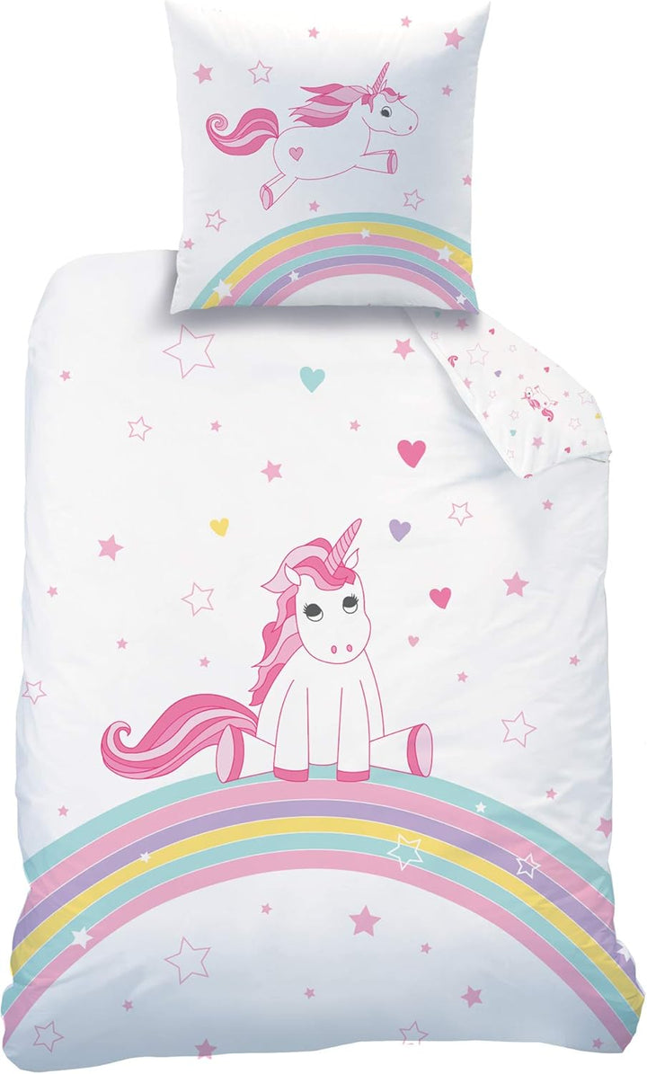 Einhorn Kinder Bettwäsche Set 2Tlg. 135X200 + 80X80 Cm, Biber, Flanell, Kuschelig Weich, Reißverschluss, Unicorn Regenbogen