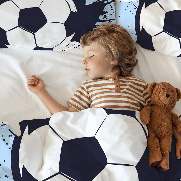 MUSOLEI Fussball Bettwäsche 135X200 Jungen Mikrofaser-Polyester 2-Teilige Kinderbettwäsche Fussball 3D Druck Für Jungen Fußball Bettbezug 135X200 Und 1 Kissenbezug 80X80Cm Kinder, Blau
