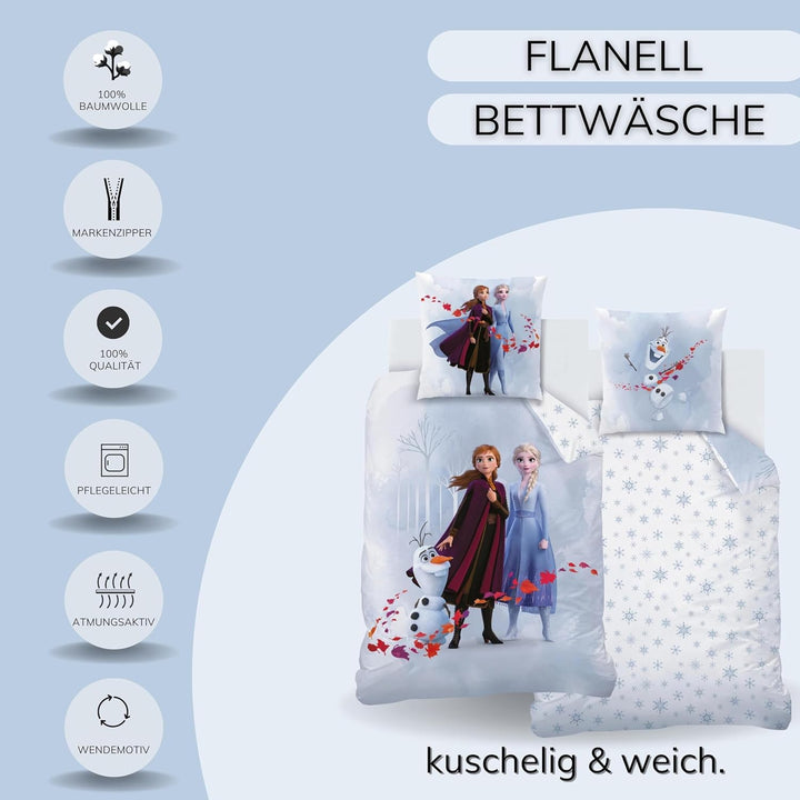 Bettwäsche 135X200 Flanell, Biber Mädchen, Eiskönigin Anna ELSA & Olaf, Kuschelig Weich Für Winter, 1X Kissenbezug 80X80 + Bettbezug 135X200, 100% Baumwolle, Frozen