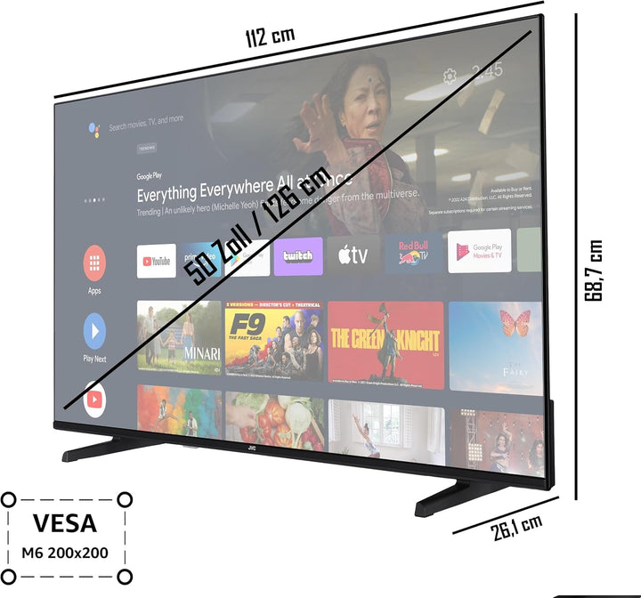JVC LT-50VA3355 50 Zoll Fernseher/Android Smart TV (4K Ultra HD, HDR Dolby Vision, Triple-Tuner, Bluetooth, Dolby Atmos) [2023], Schwarz