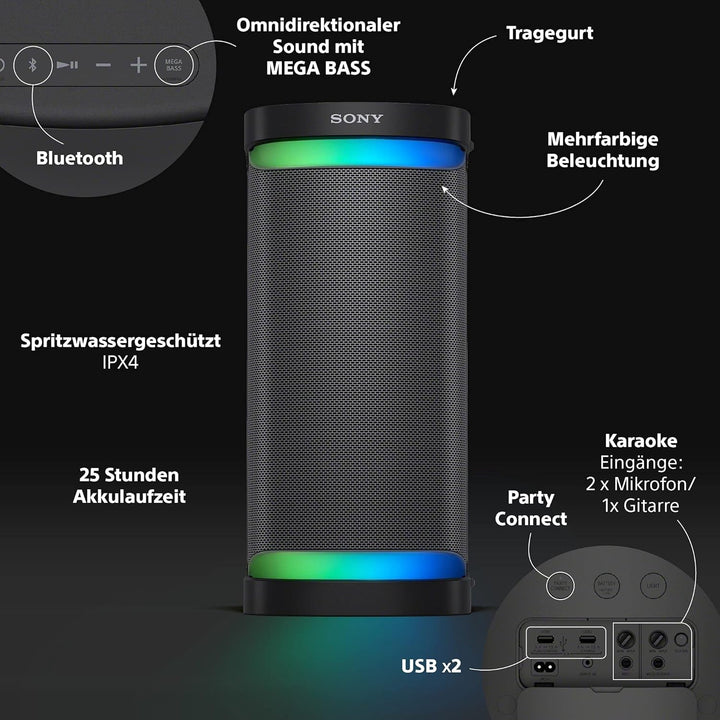 Sony SRS-XP700 Difuzor puternic pentru petreceri Bluetooth cu sunet de petrecere omnidirecțional, iluminare și baterie 25H (IPX4, MEGA BASS, încărcare rapidă, Party Connect) Negru, SRSXP700B.CEL