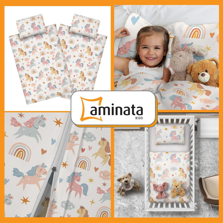 Aminata Kids Kinderbettwäsche 100X135 Mädchen Einhorn Rosa Baumwolle Mit YKK Reißverschluss Kinder-Wende-Bettwäsche-Set Tier-Motiv Einhörner Pferde-Motiv Mit Regenbogen Unicorn