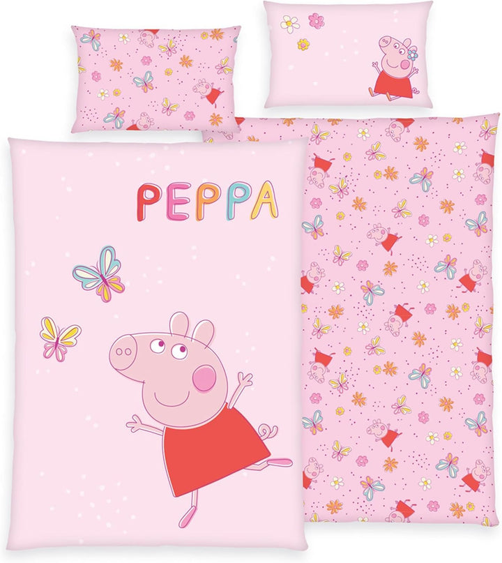 Peppa Wutz Kinder-Bettwäsche-Set | 100X135 Cm Deckenbezug + 40X60 Cm Kissenbezug | Atmungsaktive Baumwolle | Mit Reißverschluss | Peppa Pig Schmetterling in Rosa | Geschenkidee Mädchen